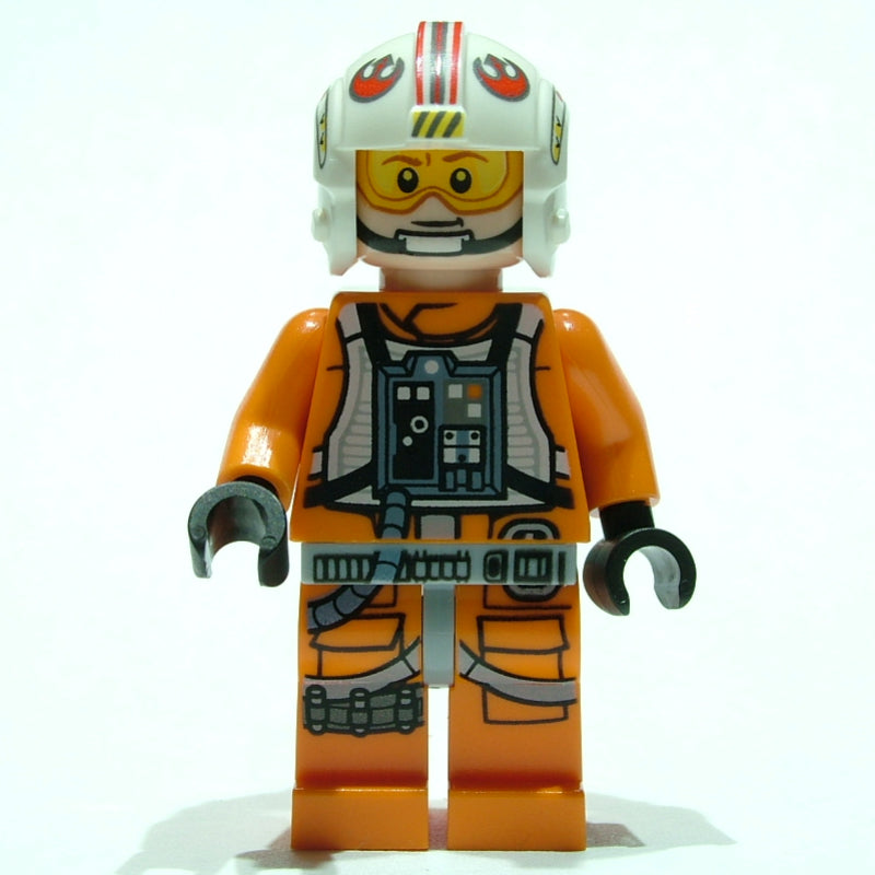 fig-010861 – Luke Skywalker, Orange Rebel Pilot Outfit, Light Bluish Gray Hips, Black Hands, Printed Visor, Detailed Chest Panel