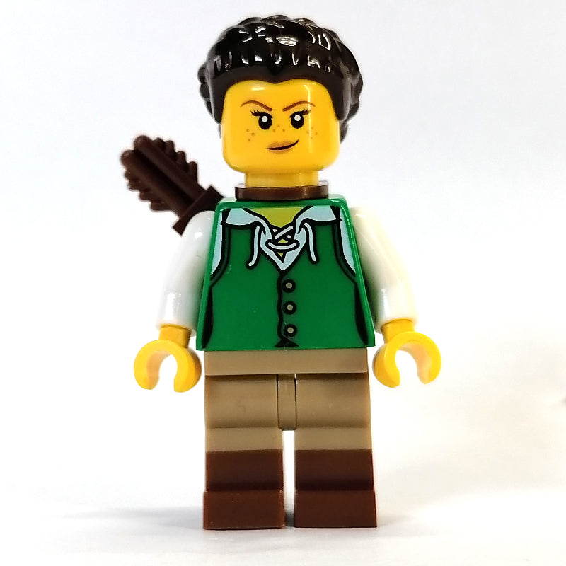 fig-010921 – Woman - Green Tunic, Dark Tan/Reddish Brown Legs, Dark Brown Hair, Quiver