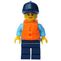 fig-010986 – Policewoman, Bright Light Blue Shirt with Radio and Badge, Dark Blue Legs, Dark Blue Cap with Hair, Orange Life Jacket
