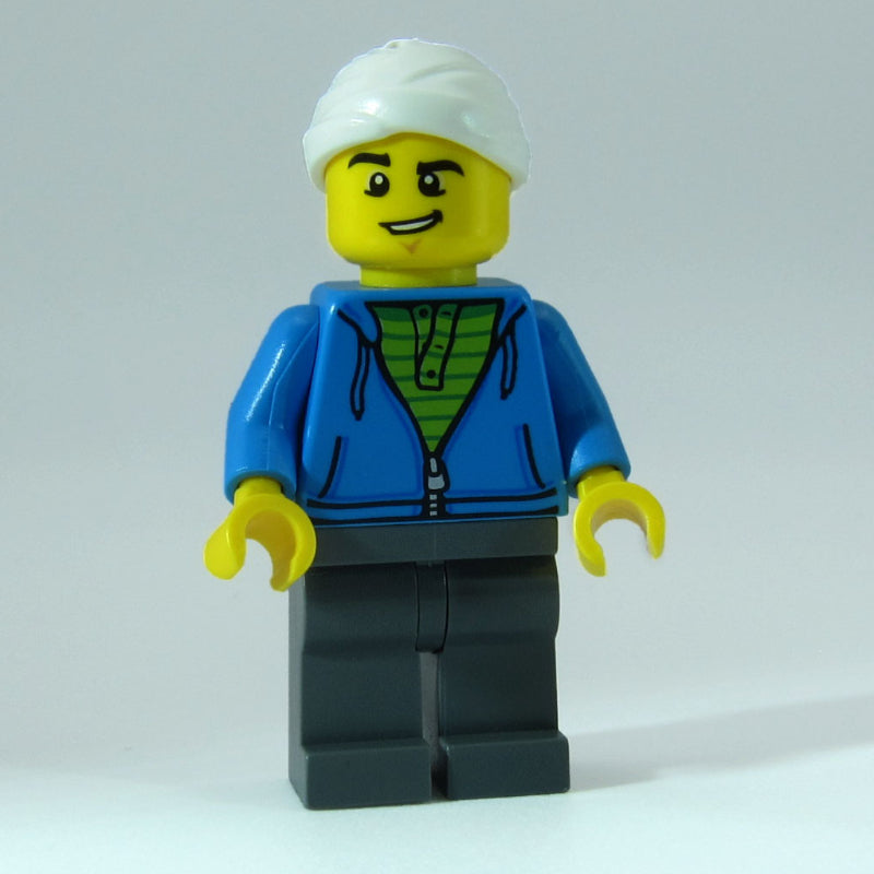 fig-010990 – Man, Dark Azure Hoodie over Lime Shirt, Dark Bluish Gray Legs, Head Bandage