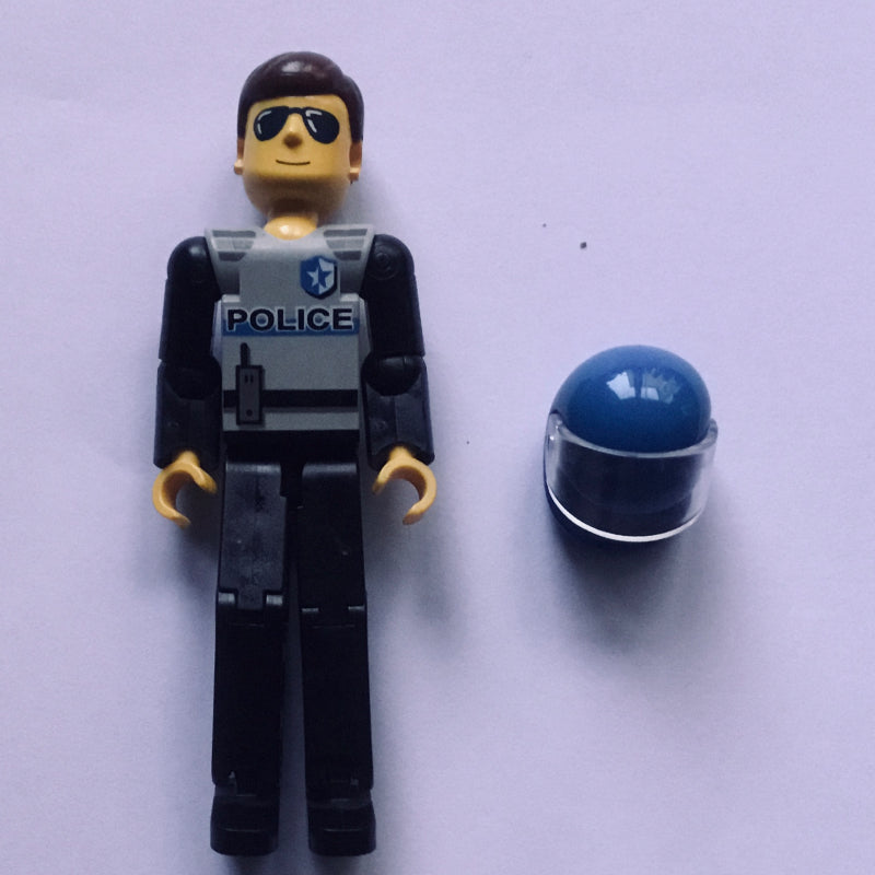 fig-011033 – Technic Figure Black Legs, Light Gray Top with Police Print, Black Arms, Blue Helmet