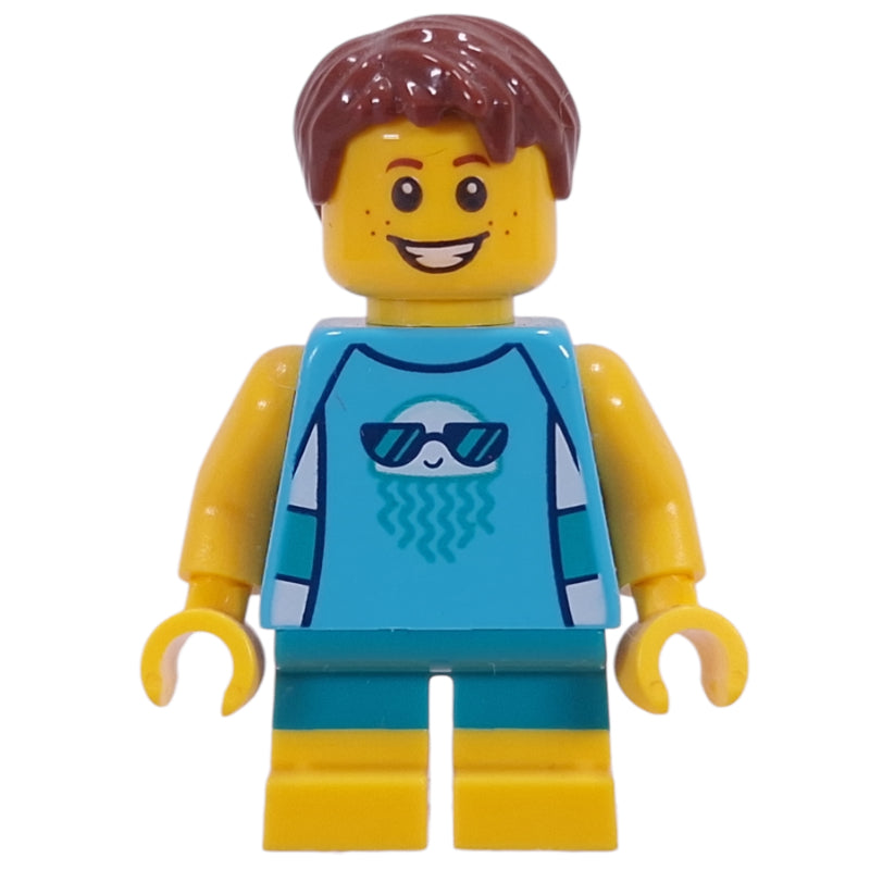 fig-011227 – Kid - Medium Azure Torso, Dark Turquoise/Yellow Legs, Reddish Brown Hair
