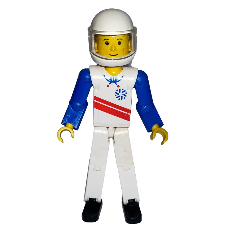 fig-011235 – Technic Figure White Legs, White Top with Red Stripes Print, Blue Arms, White Helmet