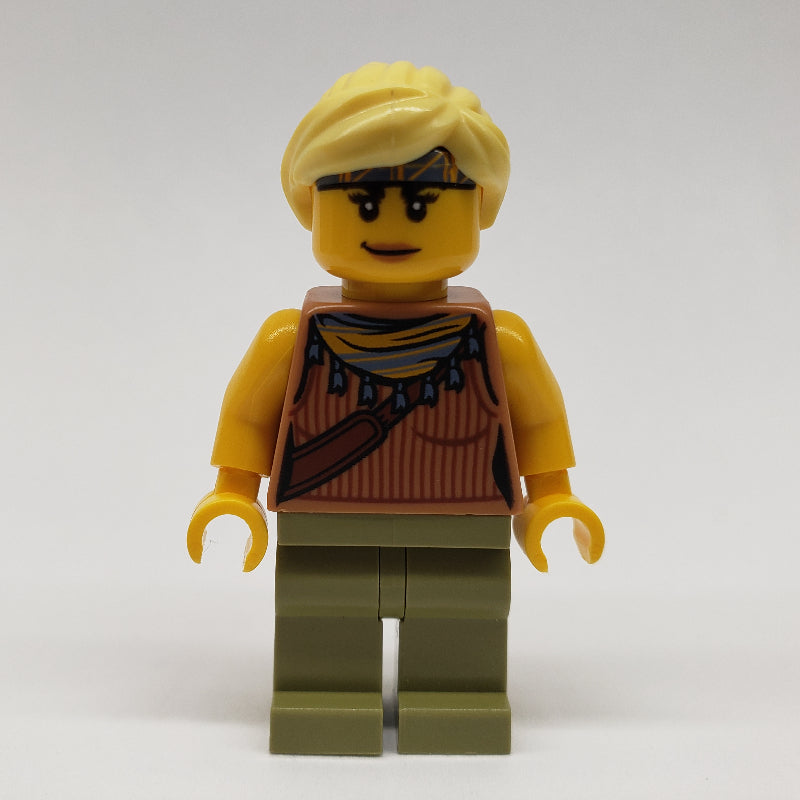 fig-011424 – Jessica Sharpe, Vest Top with Necklace, Olive Green Legs, Bright Light Yellow Hair