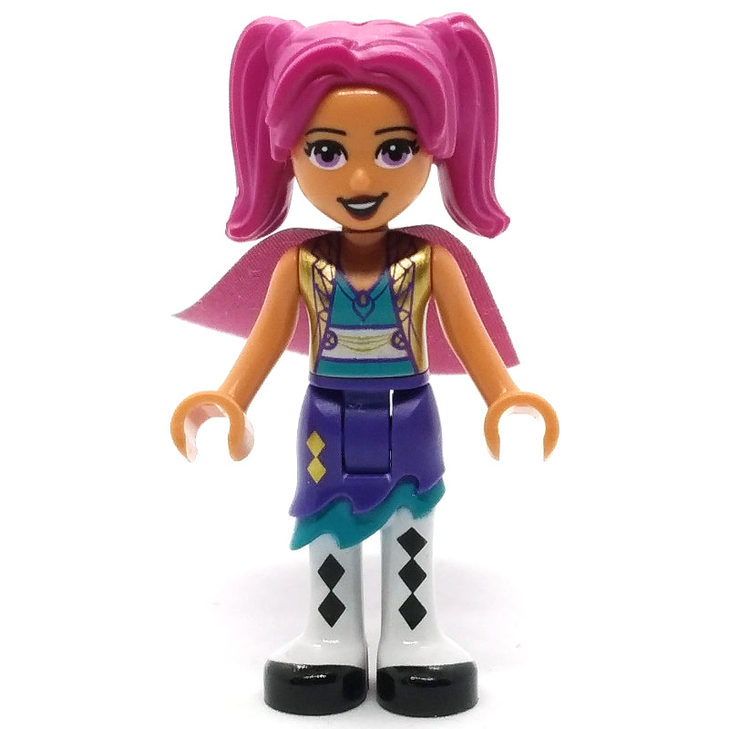 fig-011476 – Camila - Gold Jacket, Dark Purple Skirt, Magenta Hair, Cape
