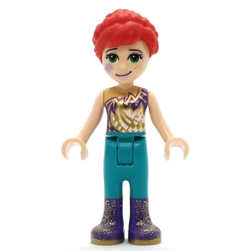 fig-011477 – Mia - Gold/Dark Purple Top, Dark Turquoise Pants, Face Paint