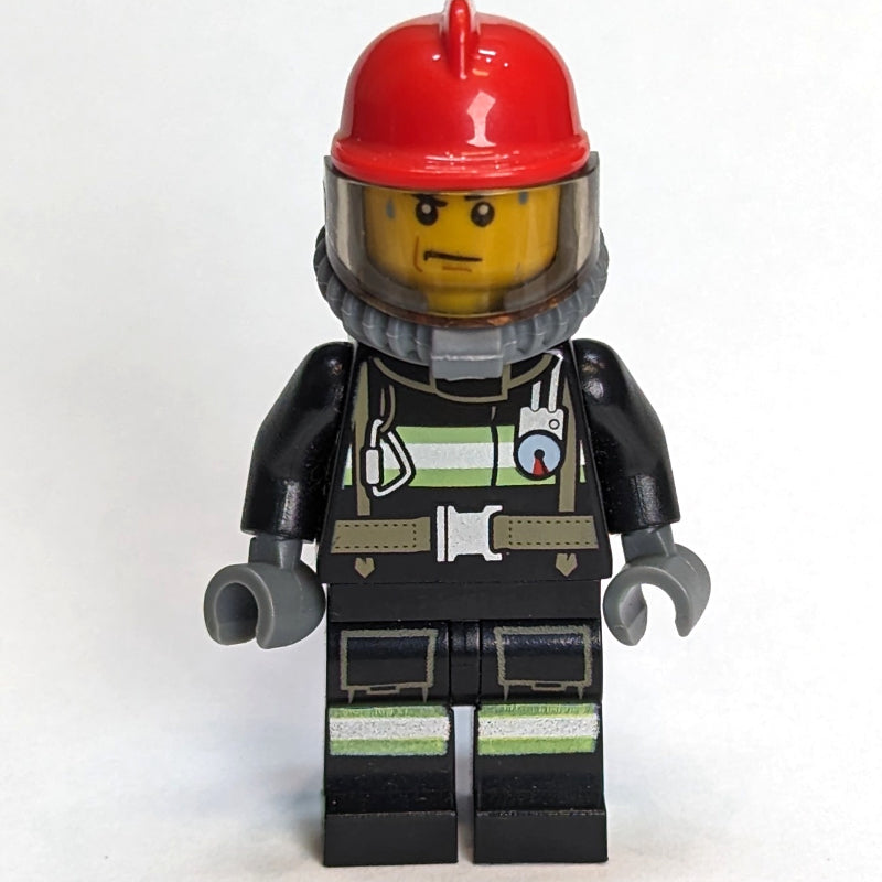 fig-011560 – Fireman, Black Firesuit, Red Helmet, Blue Airtanks