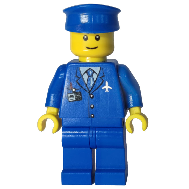 fig-011655 – Pilot, Blue Jacket with Plane Logo and Blue Tie, Blue Legs, Blue Hat, Smile, Black Eyebrows