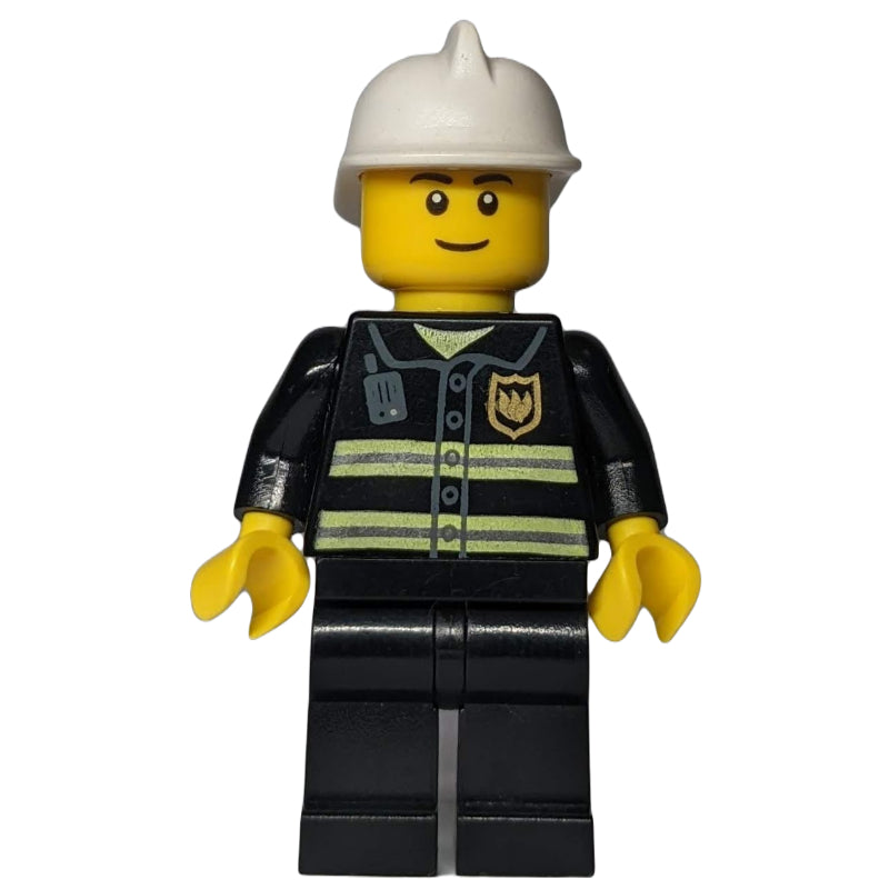 fig-011660 – Fireman, Black Fire Jacket with Radio and Badge, White Helmet, Black Eyebrows