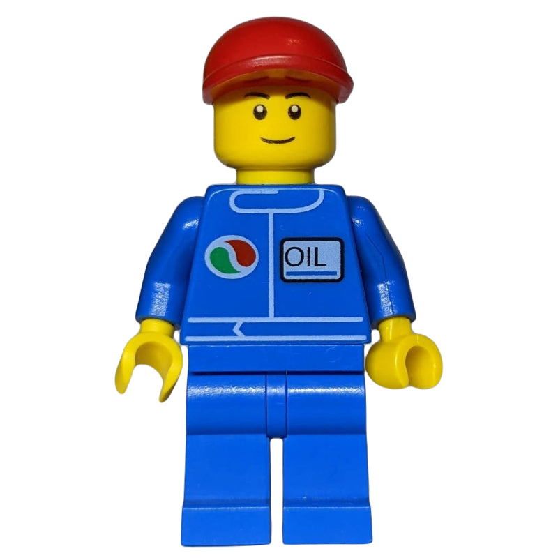 fig-011661 – Mechanic, Blue Jumpsuit with Octan Logo, Red Cap, Smile, Black Eyebrows
