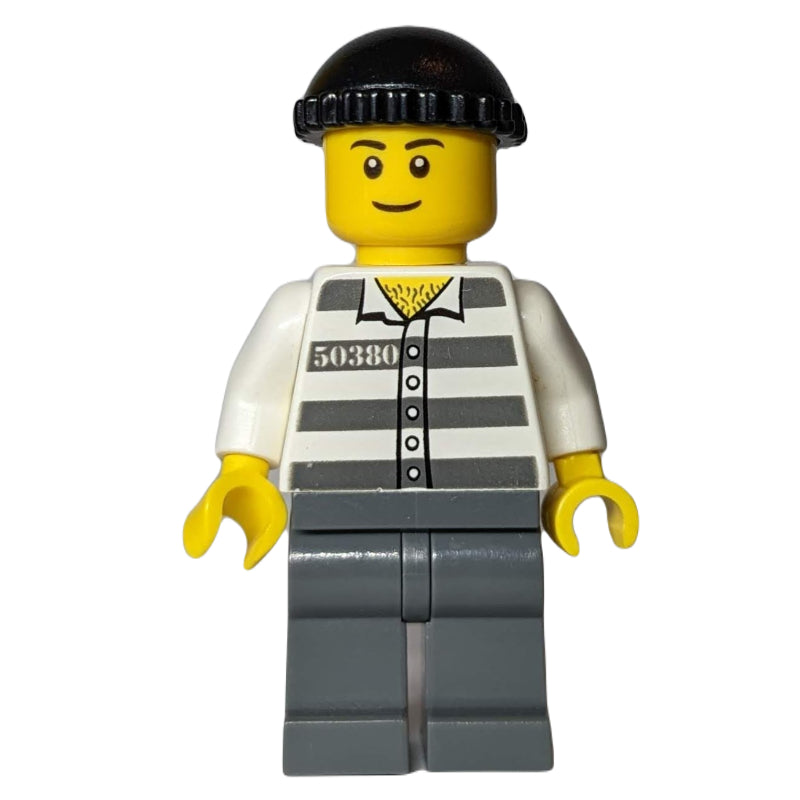 fig-011664 – Criminal, Prison Shirt with #50380, Dark Bluish Gray Legs, Black Hat (3626bpr0891 Head)