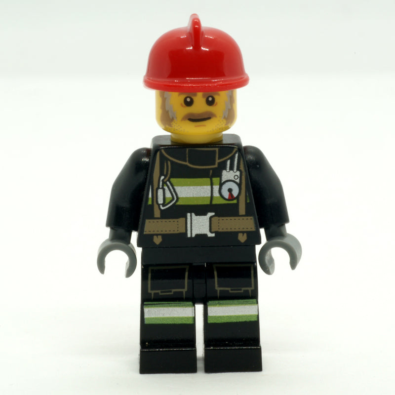 fig-011738 – Fire Fighter - Black Torso, Black Legs, Red Helmet, Dark Tan Beard