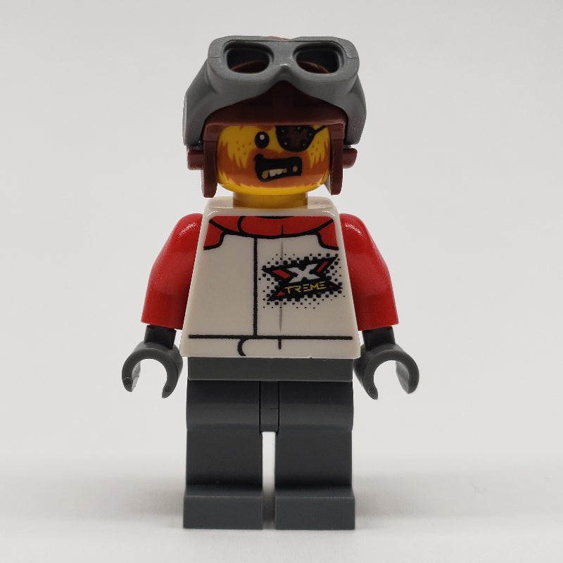 fig-011827 – Stunt Rider, White Race Jacket, Dark Bluish Gray Legs, Reddish Brown Helmet