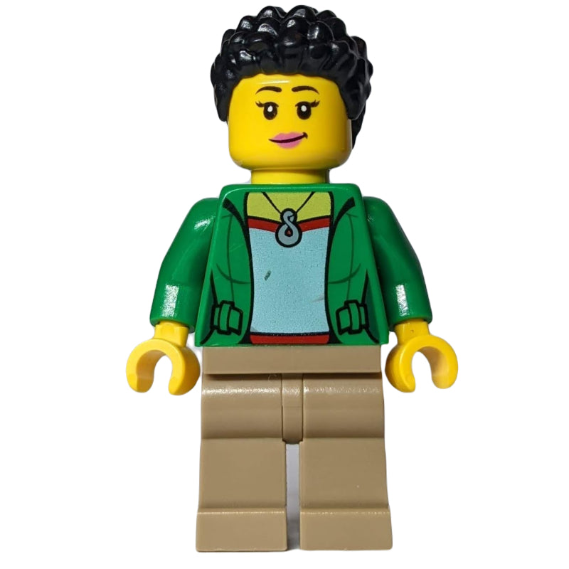 fig-011829 – Woman, Open Green Jacket, Dark Tan Legs, Black Hair