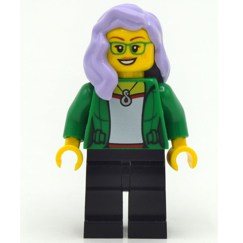 fig-011868 – Woman, Open Green Jacket, Black Legs, Lavender Hair