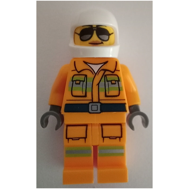 fig-011992 – Firefighter, Bright Light Orange Fire Suit, Sunglasses, White Helmet