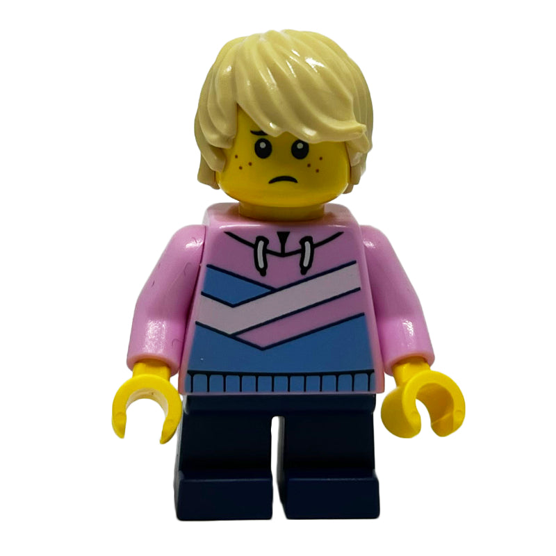 fig-011996 – Boy, Bright Pink Jacket, Dark Blue Short Legs, Tan Hair