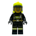 fig-011999 – Firefighter, Black Fire Suit, Vibrant Yellow Helmet