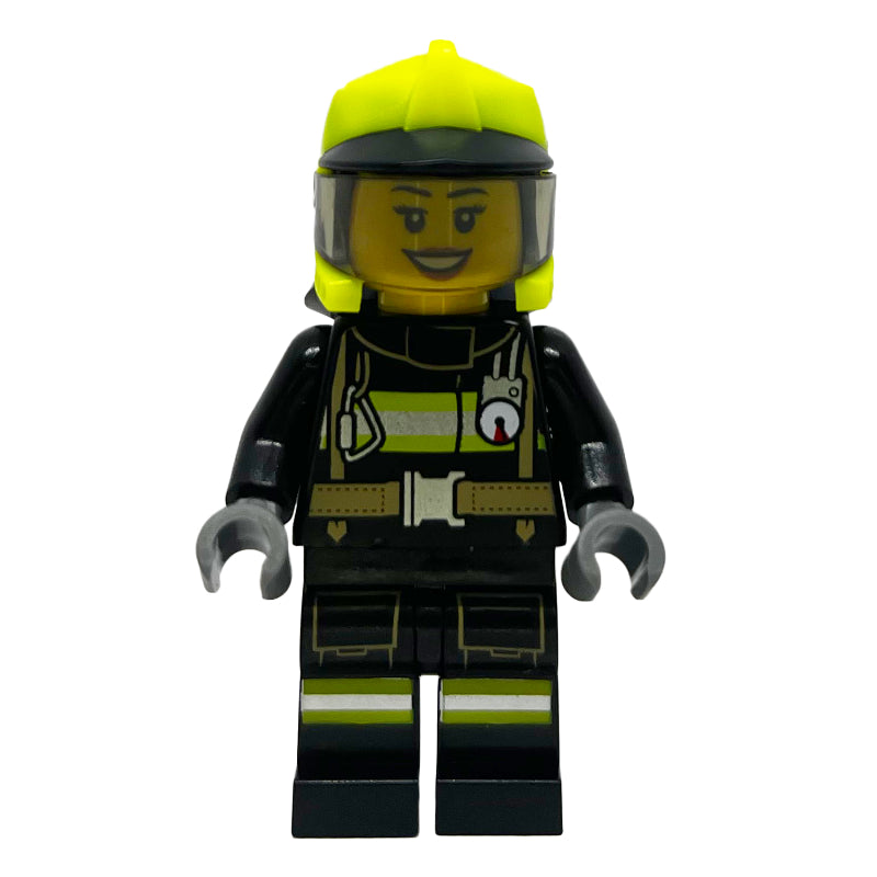 fig-011999 – Firefighter, Black Fire Suit, Vibrant Yellow Helmet