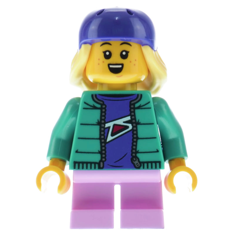 fig-012008 – Girl, Dark Turquoise Jacket, Dark Purple Bike Helmet