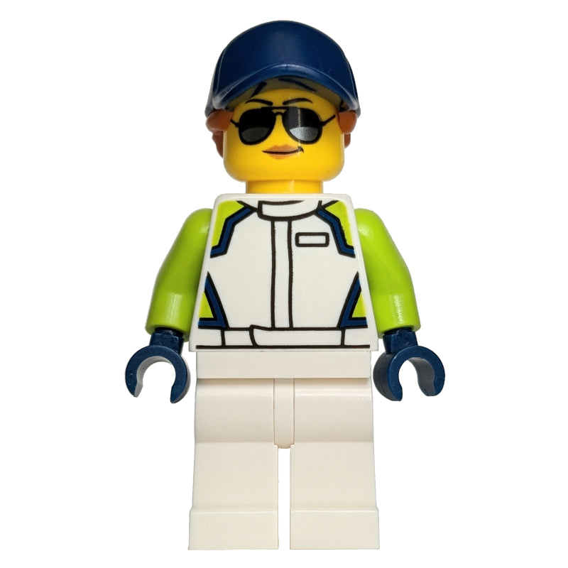 fig-012016 – Racer, White Race Suit, Dark Blue Cap, Sunglasses