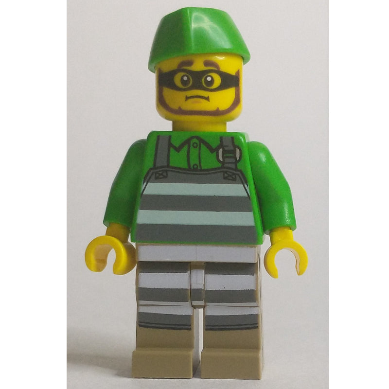 fig-012019 – Criminal, Prison Striped Apron, Bright Green Shirt and Hat