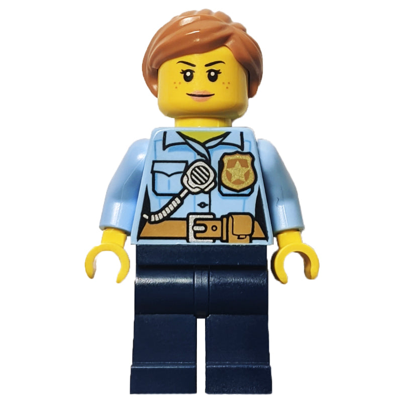 fig-012030 – Policewoman, Bright Light Blue Shirt, Dark Blue Legs, Medium Nougat Hair