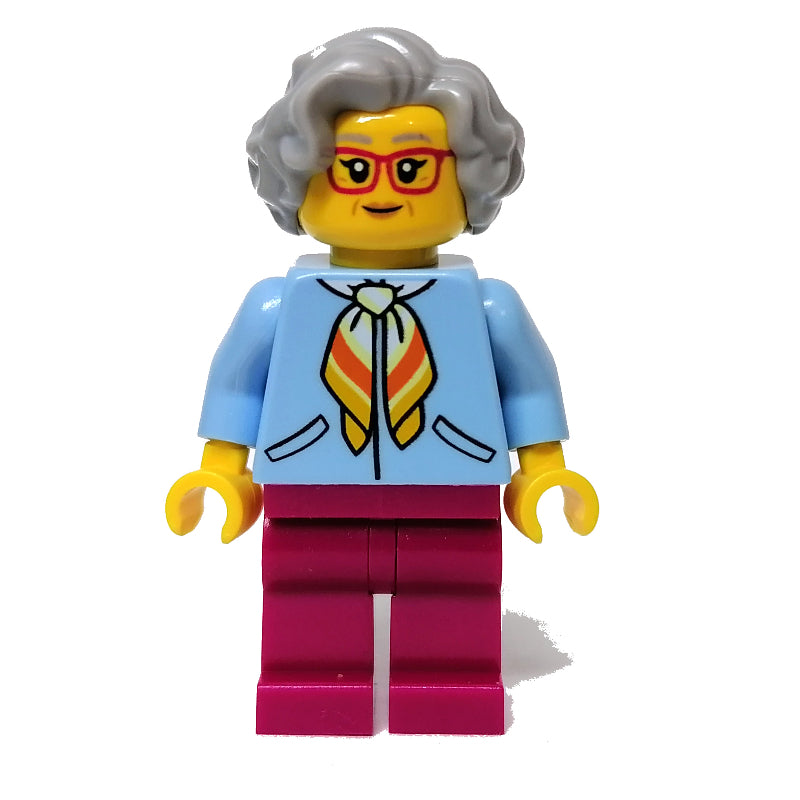 fig-012038 – Woman, Bright Light Blue Jacket, Magenta Legs, Light Bluish Gray Hair, Red Glasses