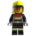 fig-012056 – Firefighter, Black Fire Suit, Vibrant Yellow Helmet