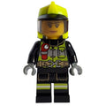 fig-012058 – Firefighter, Black Fire Suit, Vibrant Yellow Helmet