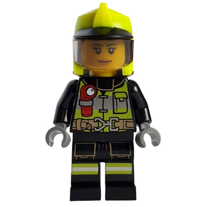 fig-012058 – Firefighter, Black Fire Suit, Vibrant Yellow Helmet