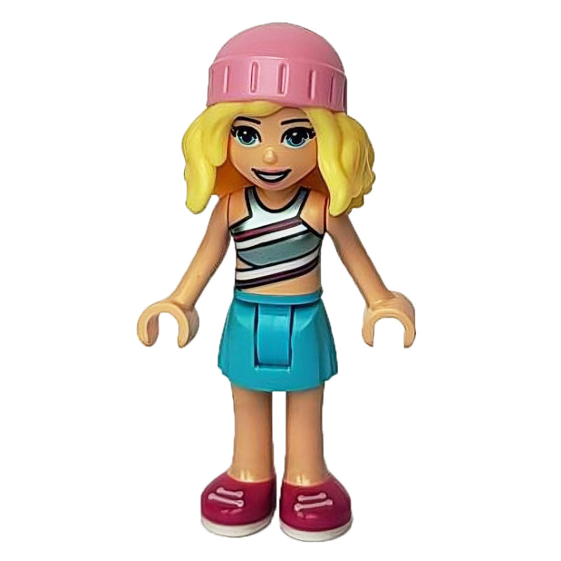 fig-012129 – Stephanie - Silver Top, Medium Azure Skirt, Bright Pink Hat