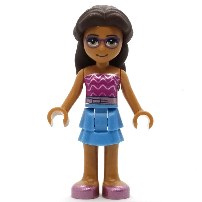 fig-012135 – Layla - Magenta Top, Bright Light Blue Skirt, Dark Brown Hair