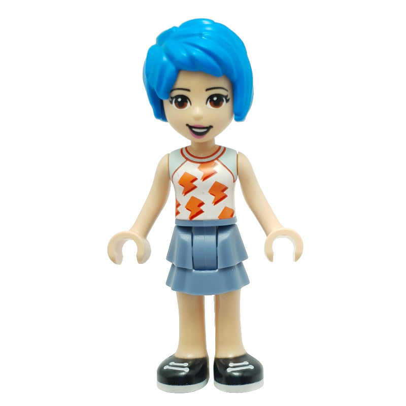 fig-012141 – Evelyn - White Top, Sand Blue Skirt, Dark Azure Hair