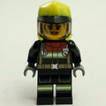fig-012157 – Firefighter, Black Fire Suit, Vibrant Yellow Helmet, Dirty Face