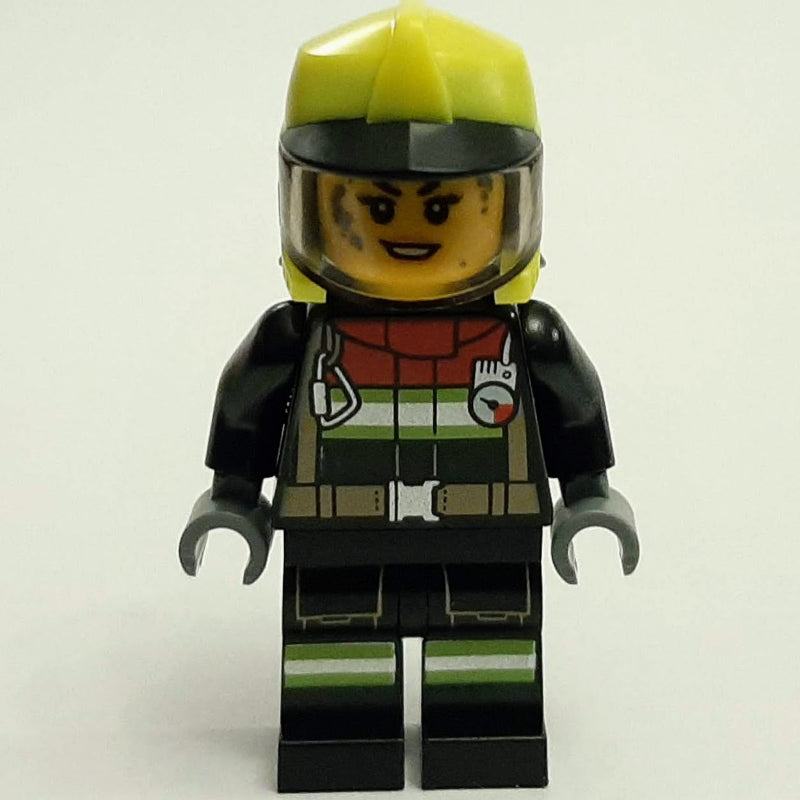 fig-012157 – Firefighter, Black Fire Suit, Vibrant Yellow Helmet, Dirty Face