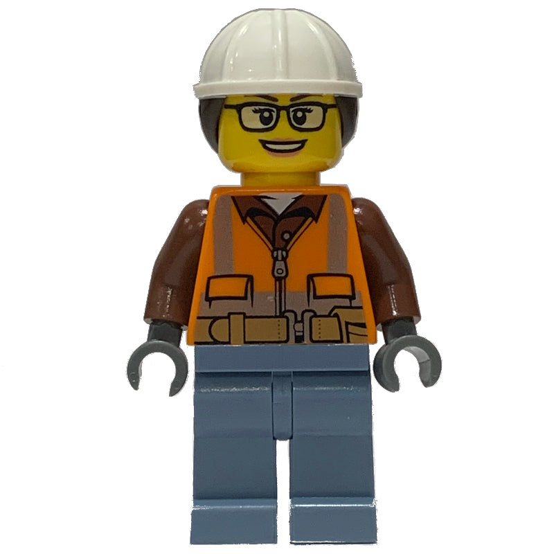 fig-012161 – Construction Worker, Orange Safety Vest, White Hard Hat