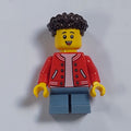fig-012163 – Boy, Red Jacket, Short Sand Blue Legs, Dark Brown Hair