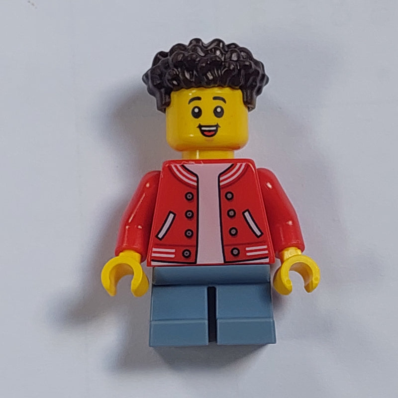 fig-012163 – Boy, Red Jacket, Short Sand Blue Legs, Dark Brown Hair