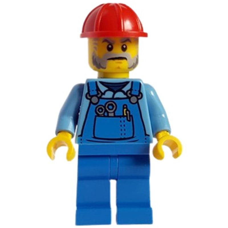 fig-012293 – Construction Worker - Bright Light Blue Shirt, Blue Overall, Red Helmet (Pete Precise)