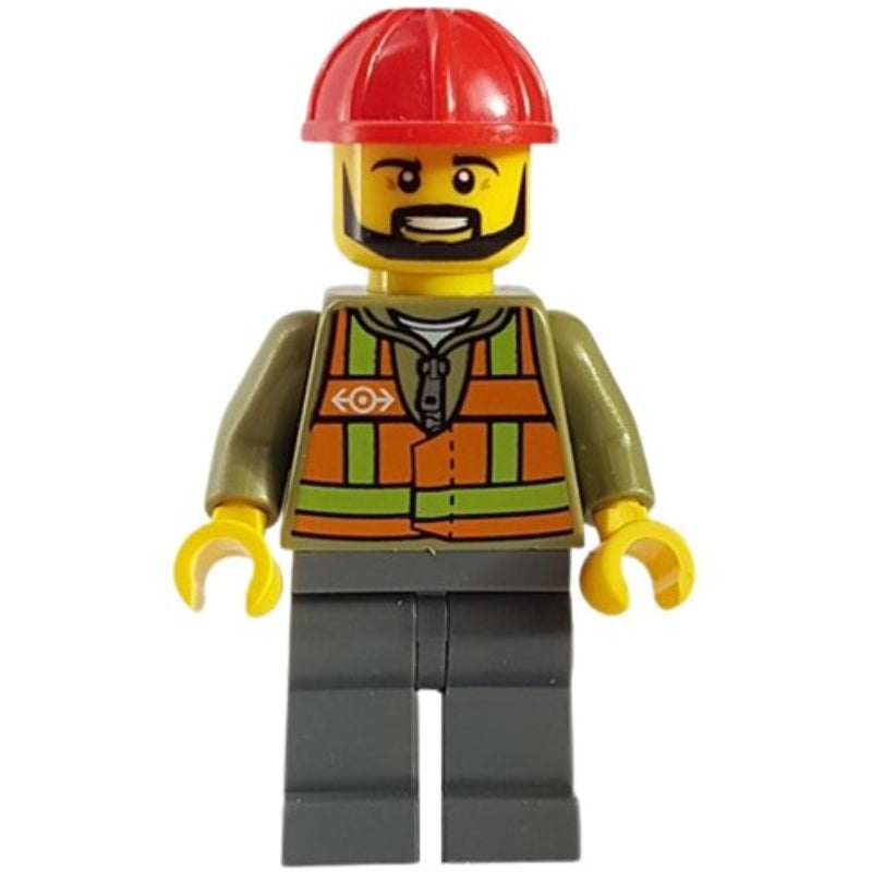fig-012305 – Train Worker, Orange Safety Vest with Train Logo over Olive Green Hoodie, Dark Bluish Gray Legs, Red Hard Hat, Black Beard