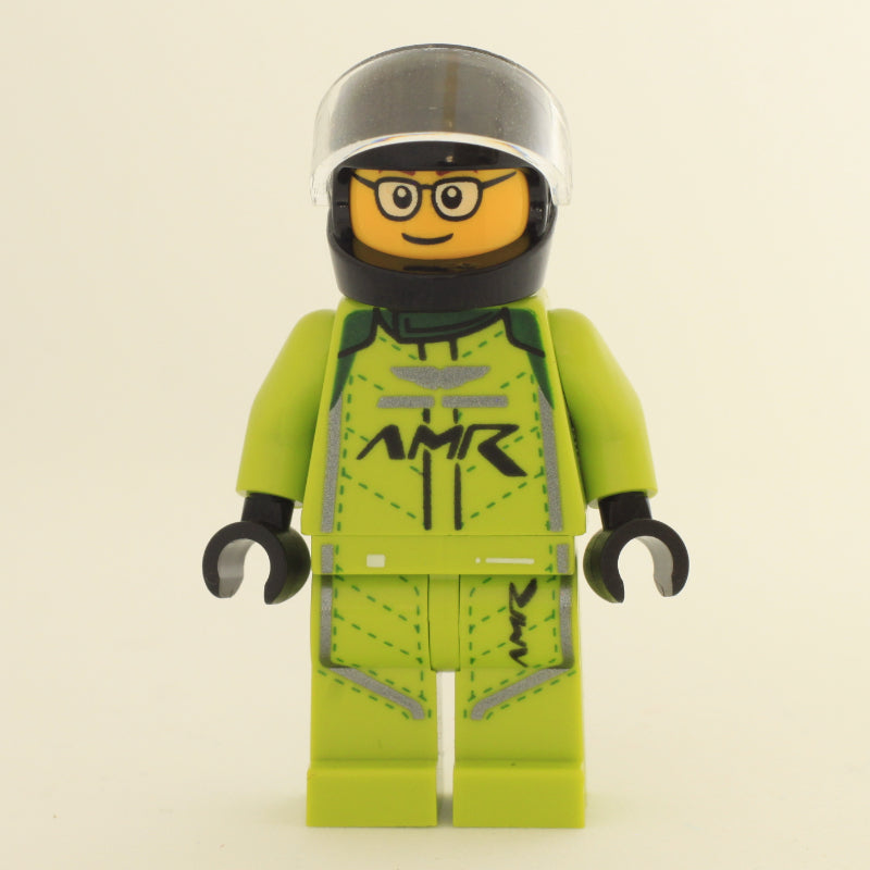 fig-012339 – Race Driver, Lime Racing Suit, Black Helmet, Glasses