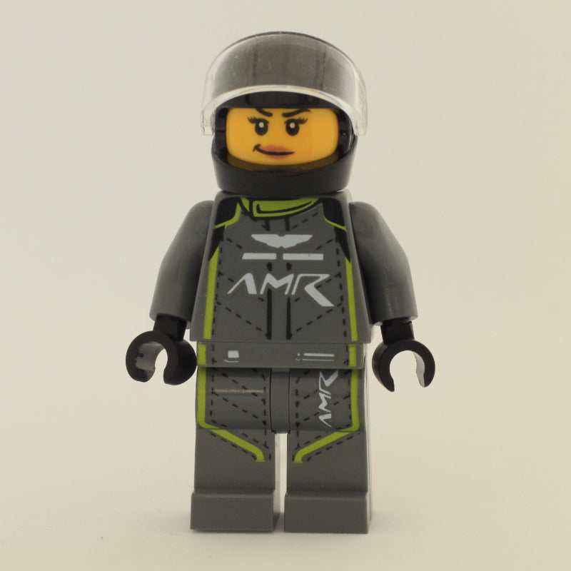 fig-012340 – Race Driver, Dark Bluish Gray Racing Suit with Lime Trim, Black Helmet