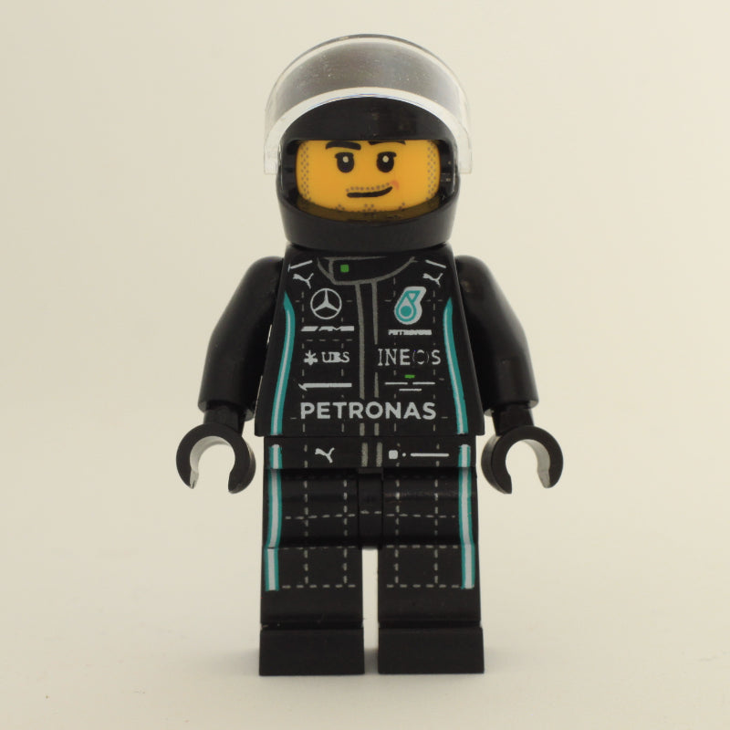 fig-012342 – Race Driver, Black Racing Suit with Lime Trim, Black Helmet, Stubble