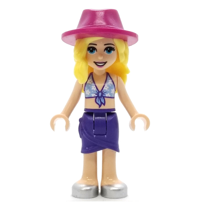 fig-012352 – Stephanie - Bright Light Blue Bikini Top with White Flowers, Dark Purple Skirt, Magenta Hat