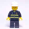 fig-012378 – Fireman, Black Fire Jacket with Radio and Badge, White Helmet, Reddish Brown Eyebrows (3626c Head)