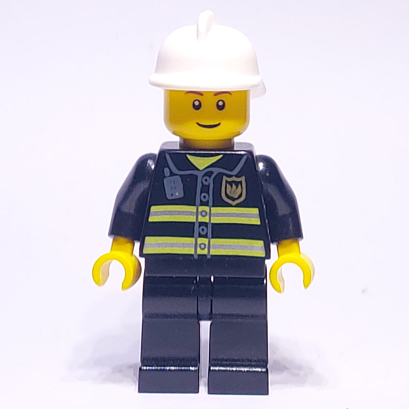 fig-012378 – Fireman, Black Fire Jacket with Radio and Badge, White Helmet, Reddish Brown Eyebrows (3626c Head)
