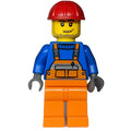 fig-012383 – Worker, Orange Overalls over Blue Sweater, Red Hard Hat (3626c Head)
