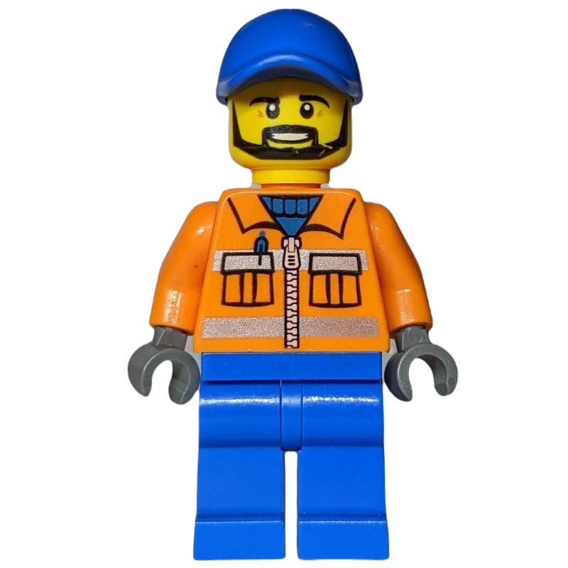 fig-012589 – Worker - Orange Torso, Blue Legs, Blue Cap, Black Beard