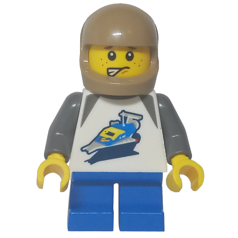 fig-012601 – Kid - White Torso with Classic Space Ship, Blue Legs, Dark Tan Helmet